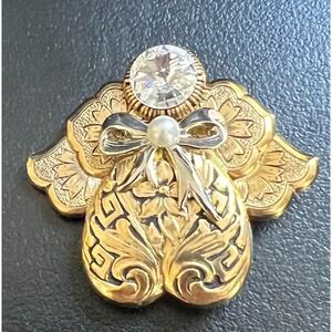 Vintage Jane Davis Angel Of Love Brooch Rhinestone Faux Pearl Gold Tone‎ AOL Pin